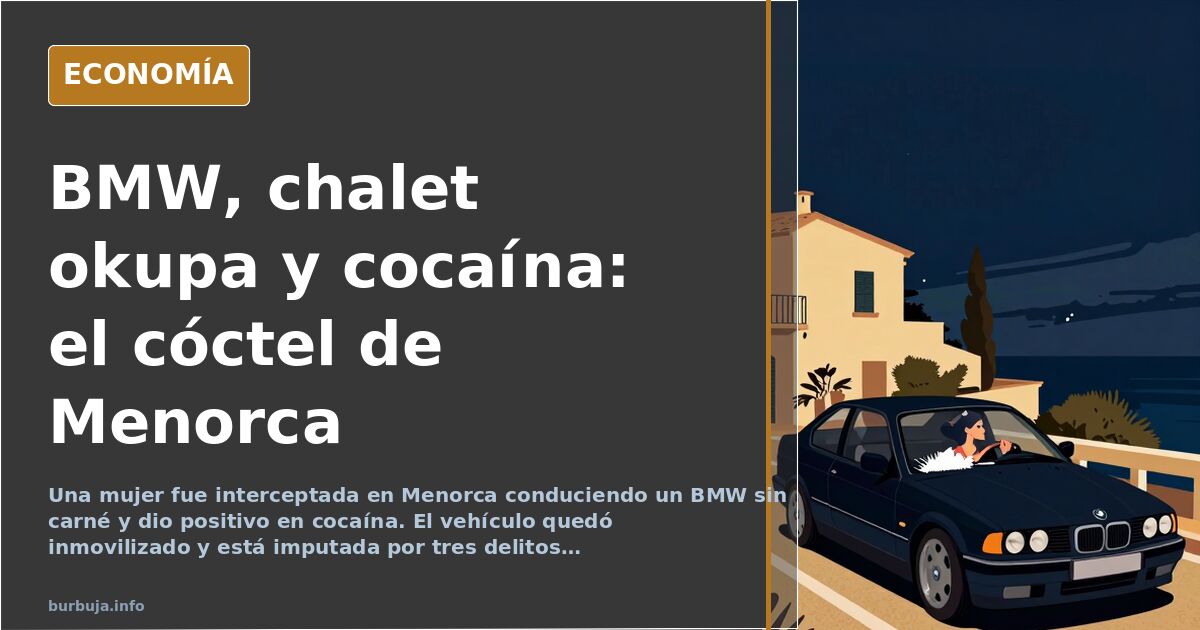 Ilustración editorial de un BMW negro frente a un chalet de lujo en Menorca, con la palabra okupa en el aire