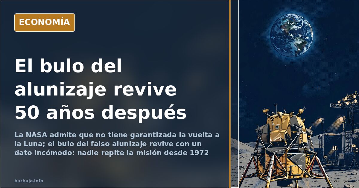 Ilustración editorial de un módulo lunar posado sobre la superficie de la Luna con un plató de televisión difuminado al fondo
