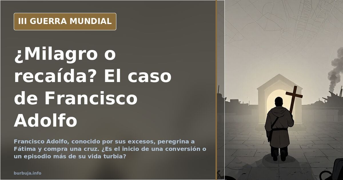 Silueta de un hombre caminando hacia un santuario en Fátima, con una cruz en la mano, bajo un cielo desaturado