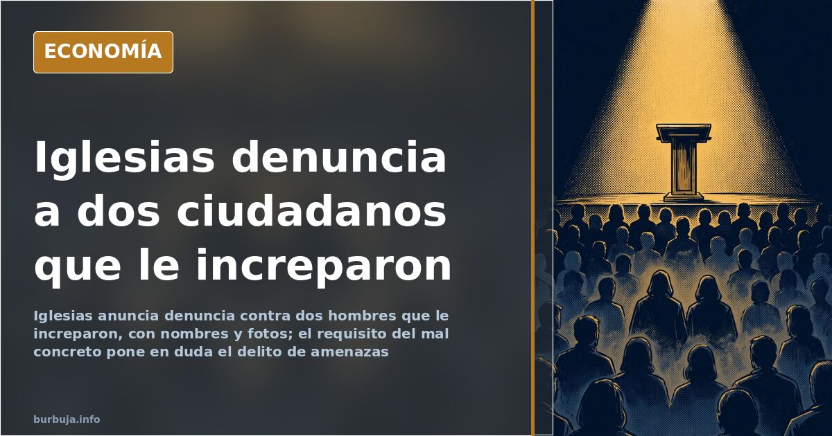 Ilustración editorial con un atril, siluetas anónimas y un documento judicial sobre la denuncia de Pablo Iglesias
