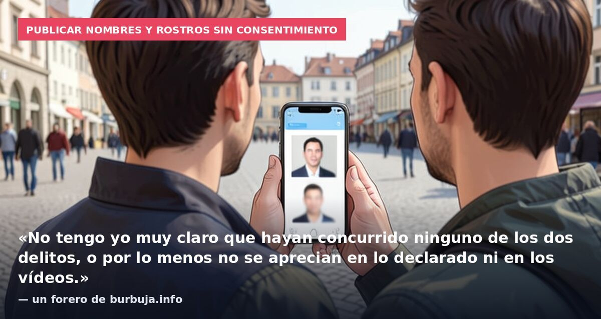 Publicar nombres y rostros sin consentimiento: «No tengo yo muy claro que hayan concurrido ninguno de los dos delitos, o por lo menos no se aprecian en lo declarado ni en los vídeos.» — un forero de burbuja.info