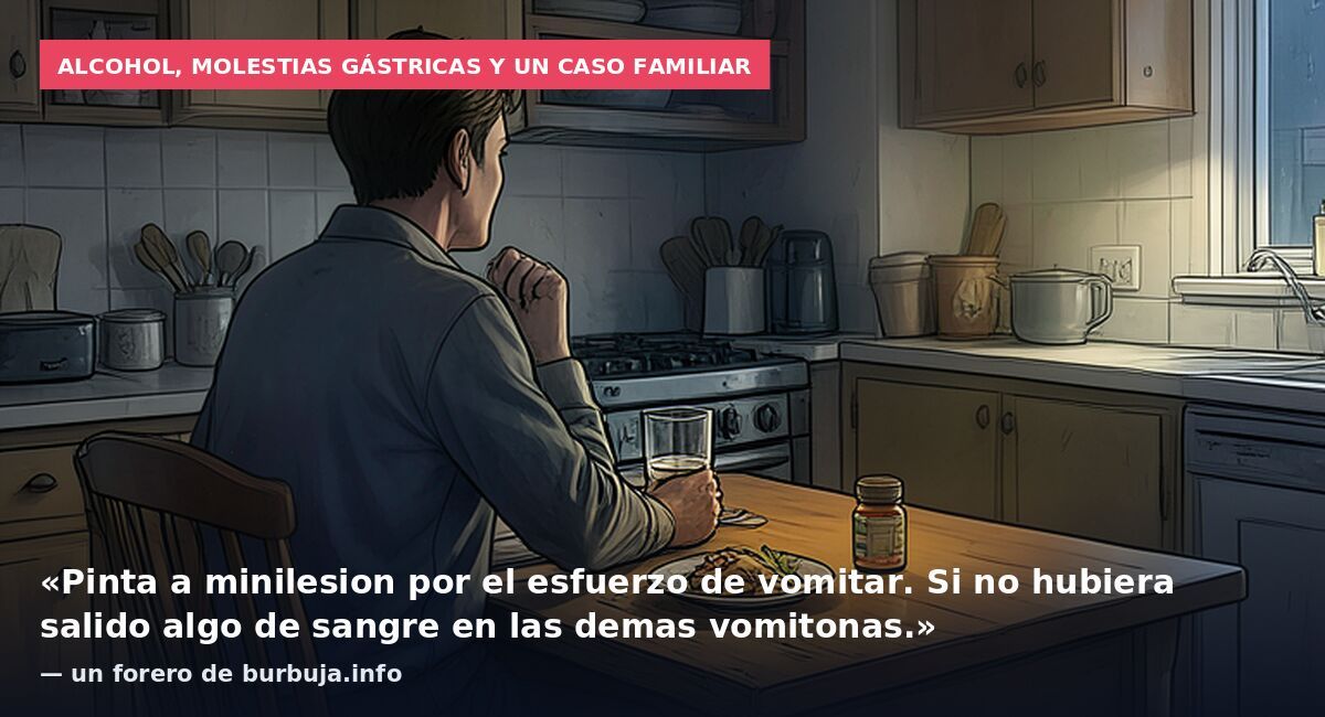 Alcohol, molestias gástricas y un caso familiar: «Pinta a minilesion por el esfuerzo de vomitar. Si no hubiera salido algo de sangre en las demas vomitonas.» — un forero de burbuja.info
