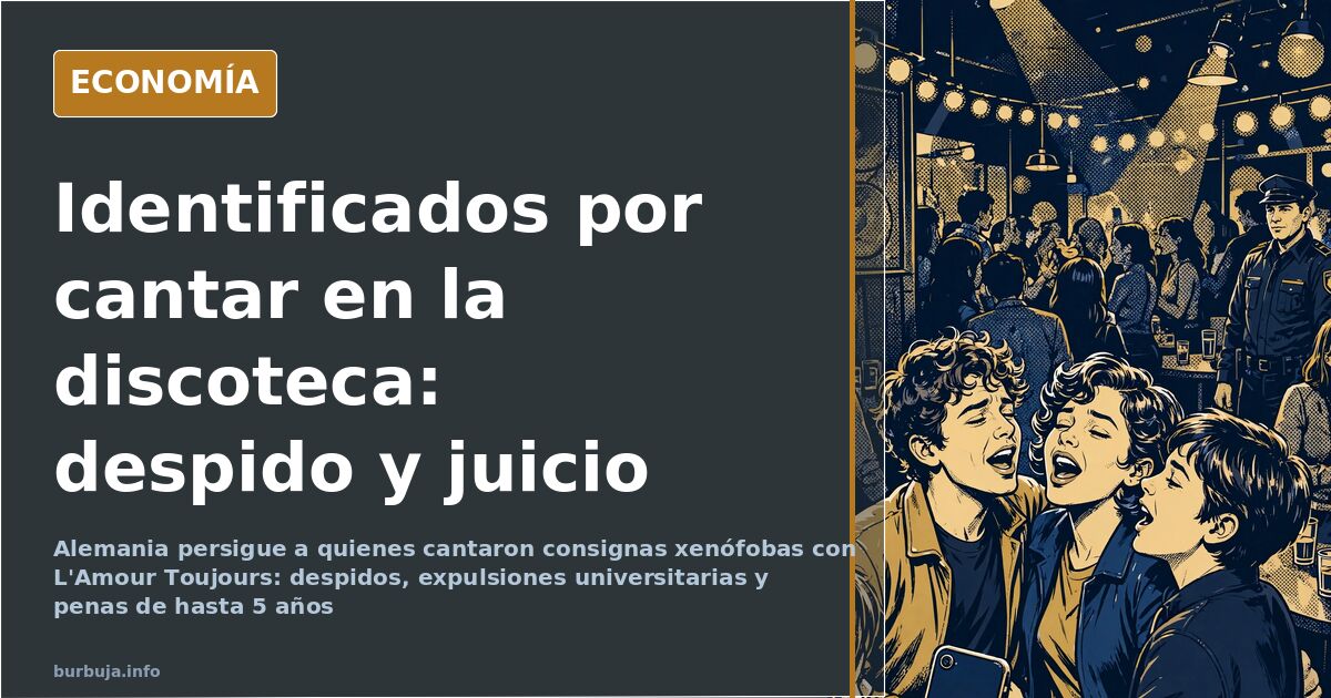 Edificio judicial alemán al anochecer con banderas nacionales, símbolo de los procesos por cánticos xenófobos en discotecas