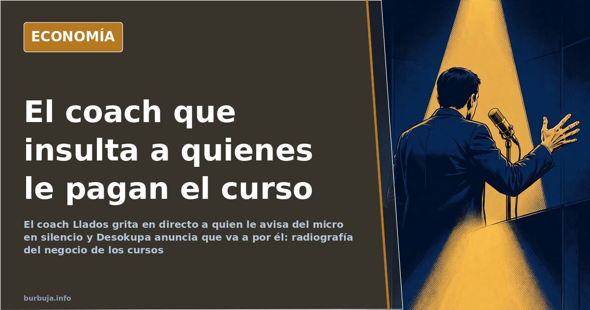 Coach de cursos online gesticulando ante un micrófono en un directo, frente a una audiencia de siluetas que ha pagado por esc
