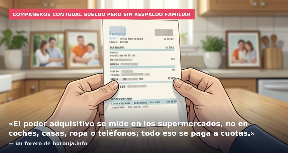 Compañeros con igual sueldo pero sin respaldo familiar: «El poder adquisitivo se mide en los supermercados, no en coches, casas, ropa o teléfonos; todo eso se paga a cuotas.» — un forero de burbuja.info
