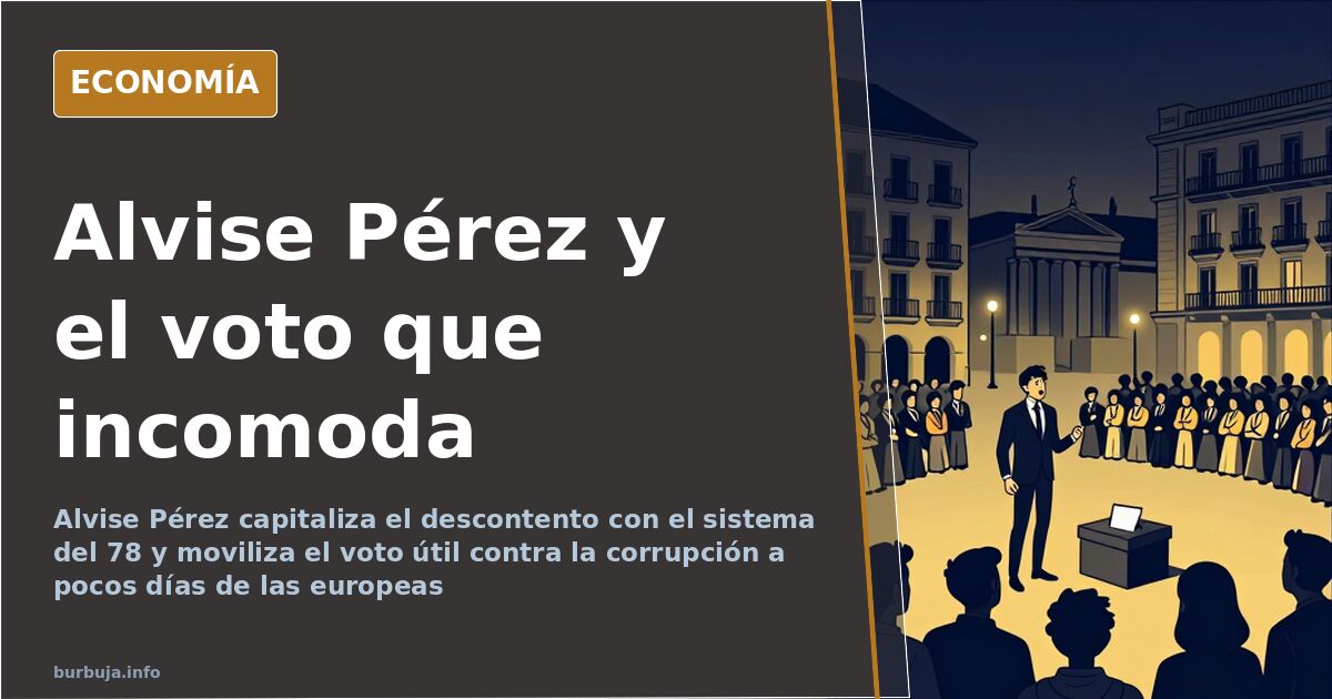 Ilustración editorial de Alvise Pérez ante una urna electoral rodeado de papeletas y símbolos de auditoría