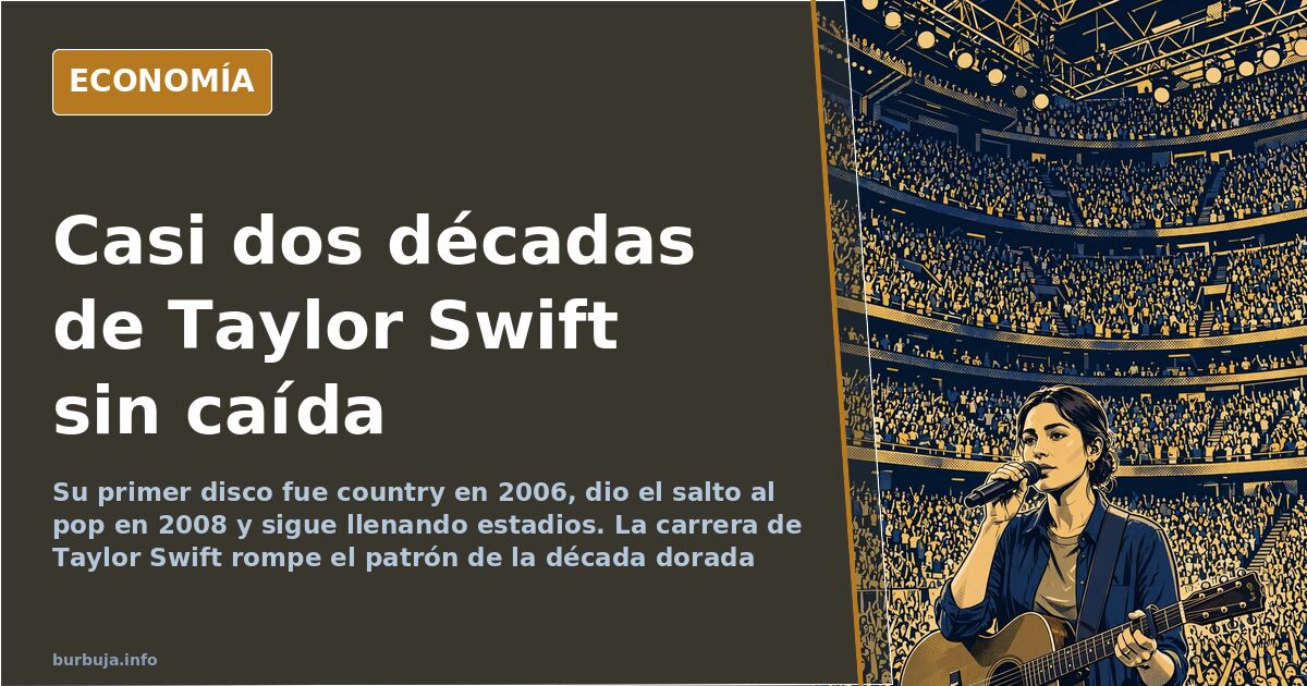Ilustración editorial en azul marino y dorado de un gran estadio lleno visto desde las gradas, símbolo del fenómeno musical c