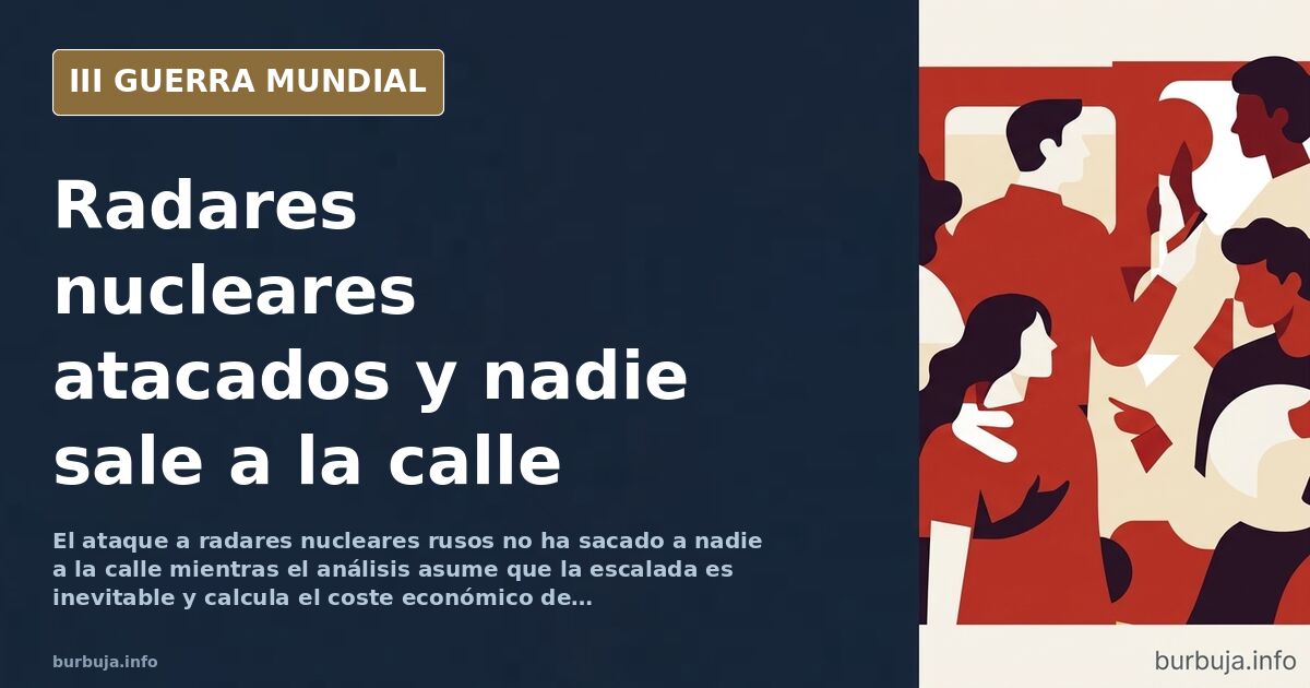 Ilustración documental desaturada de un radar de alerta temprana en una llanura con humo lejano en el horizonte