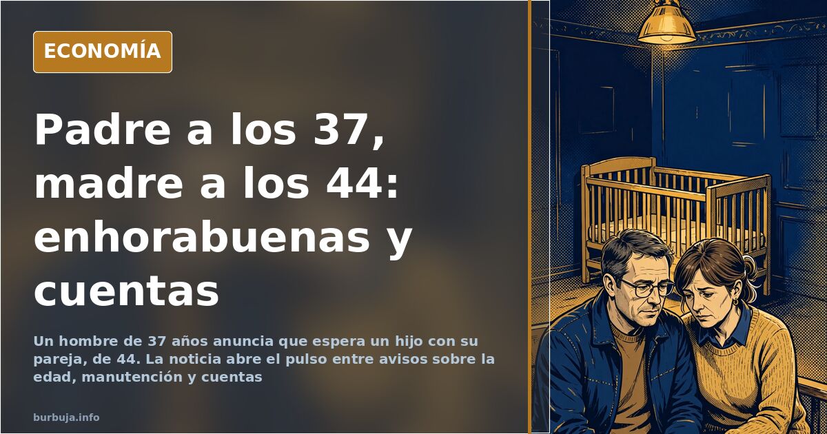 Ilustración editorial de una pareja madura ante la noticia de un embarazo a los 44 años, entre la alegría y las dudas