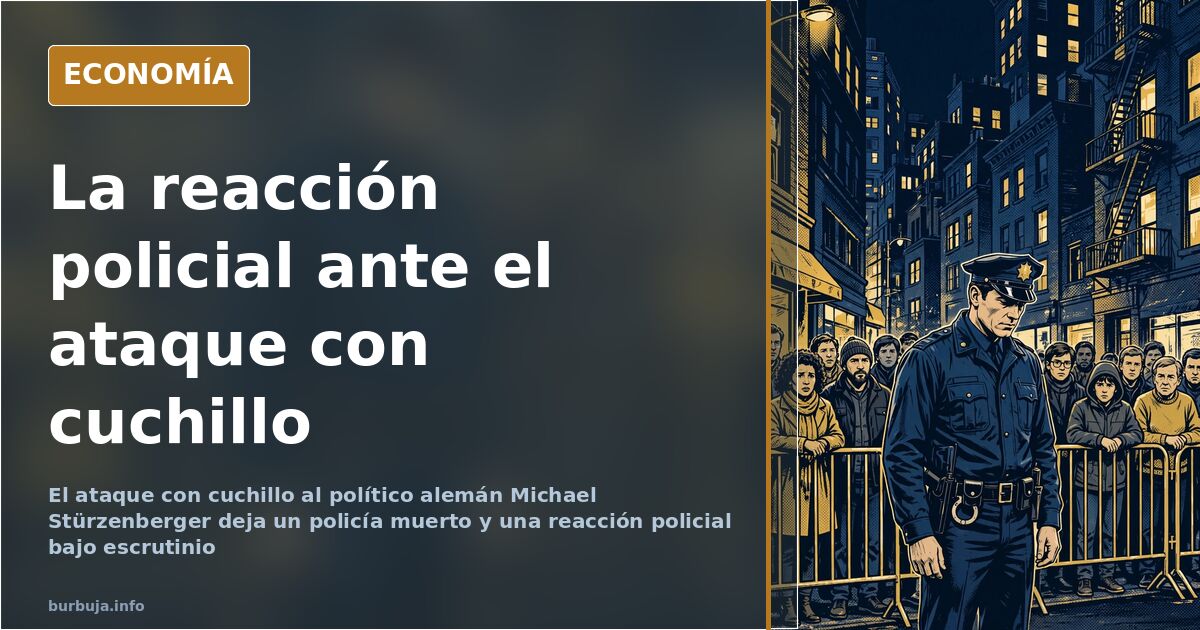Ilustración editorial de una plaza con policías y un acto político tras el ataque con cuchillo, en azul marino y dorado