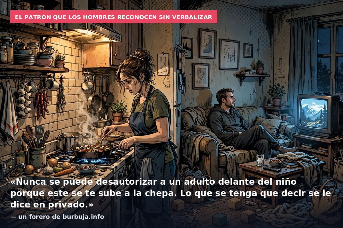 El patrón que los hombres reconocen sin verbalizar: «Nunca se puede desautorizar a un adulto delante del niño porque este se te sube a la chepa. Lo que se tenga que decir se le dice en privado.» — un forero de burbuja.info