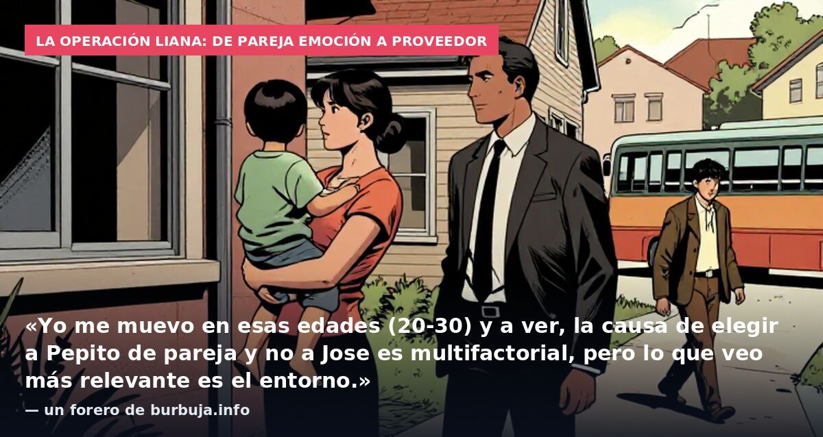 La operación liana: de pareja emoción a proveedor: «Yo me muevo en esas edades (20-30) y a ver, la causa de elegir a Pepito de pareja y no a Jose es multifactorial, pero lo que veo más relevante es el entorno.» — un forero de burbuja.info