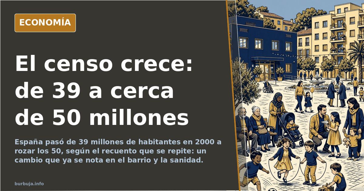 Cambio demográfico e inmigración: calle de barrio con comercios y viandantes de distintos orígenes, ilustración editorial en 