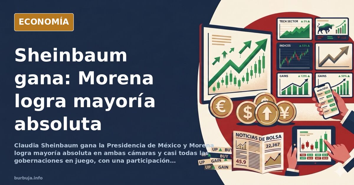 Ilustración editorial de Claudia Sheinbaum ante el mapa de México con mayoría absoluta de Morena en elecciones presidenciales