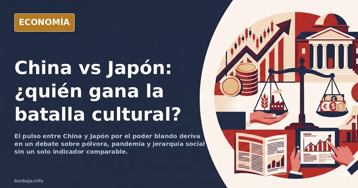 Ilustración editorial de dos potencias asiáticas frente a frente con mapas y símbolos culturales sobre fondo azul marino