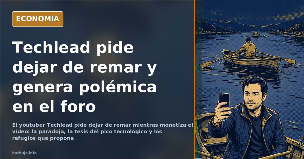 Ilustración editorial de un remero que suelta el remo ante una ciudad industrial en declive, en azul marino y oro