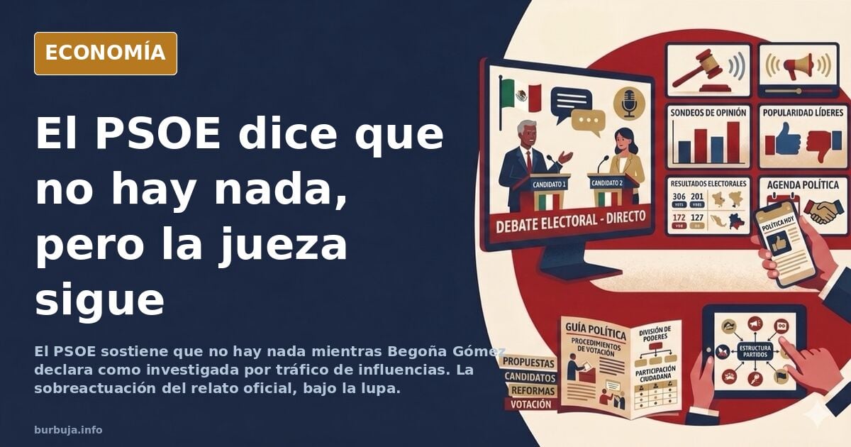 Ilustración editorial de una sala de prensa institucional vacía con micrófonos y el eco de un caso de tráfico de influencias
