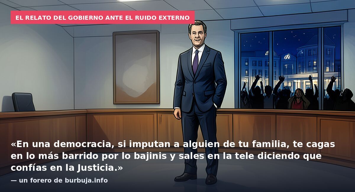 El relato del Gobierno ante el ruido externo: «En una democracia, si imputan a alguien de tu familia, te cagas en lo más barrido por lo bajinis y sales en la tele diciendo que confías en la Justicia.» — un forero de burbuja.info