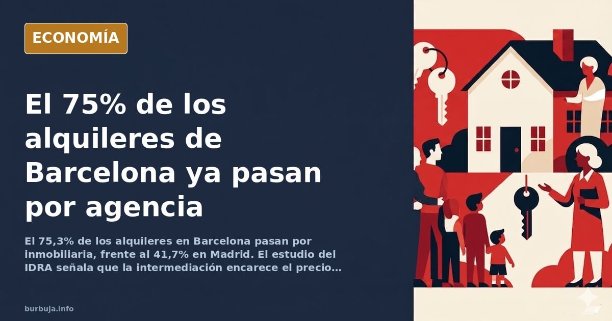 Escaparate de una agencia inmobiliaria en Barcelona con anuncios de alquiler colgados y un joven mirando los precios