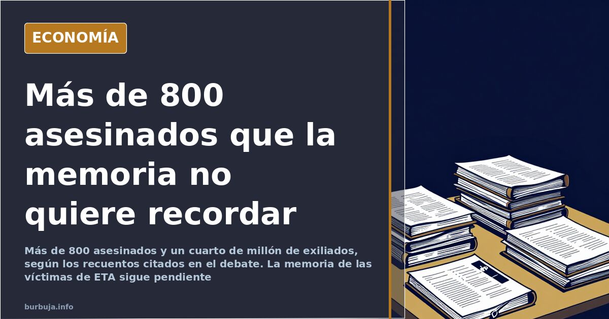 Listado mecanografiado de víctimas de ETA junto a fichas de etarras sobre una mesa, en tonos azul marino y dorado