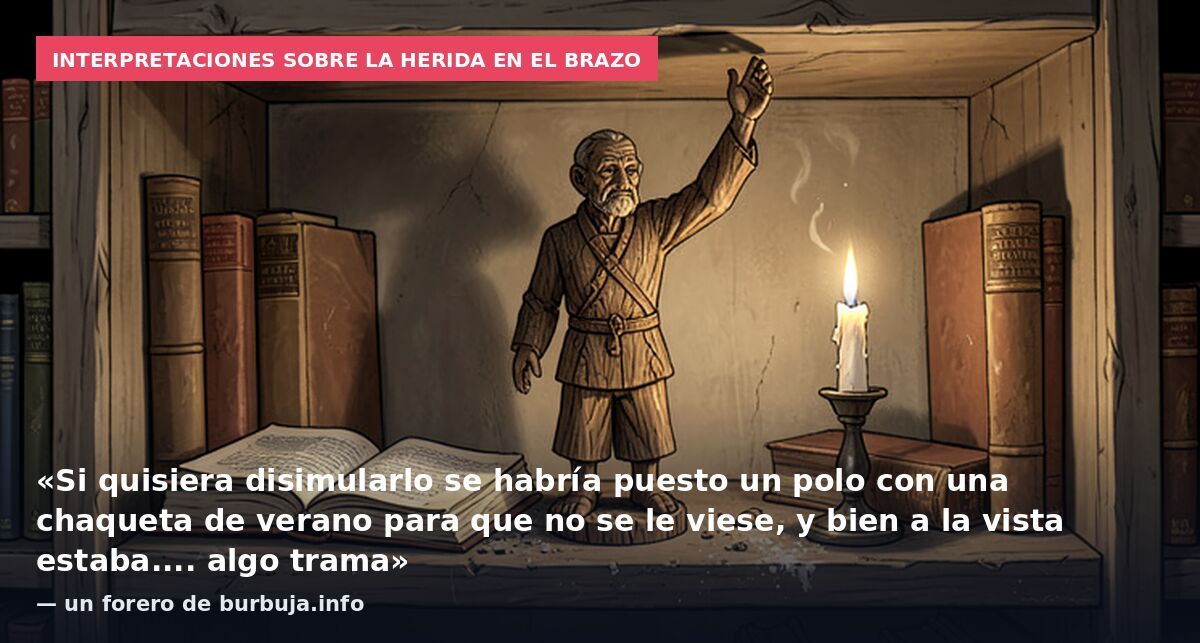 Interpretaciones sobre la herida en el brazo: «Si quisiera disimularlo se habría puesto un polo con una chaqueta de verano para que no se le viese, y bien a la vista estaba.... algo trama» — un forero de burbuja.info