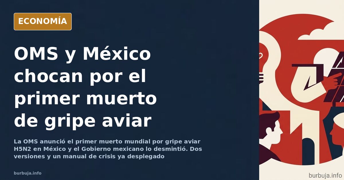 Ilustración editorial de un mapa de México con un virus de gripe aviar H5N2 y documentos oficiales enfrentados
