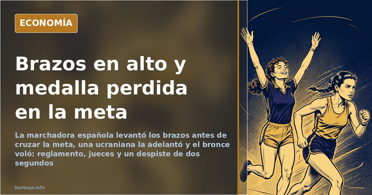 Marchadora española con los brazos en alto antes de cruzar la línea de meta mientras una rival la adelanta en la prueba de ma