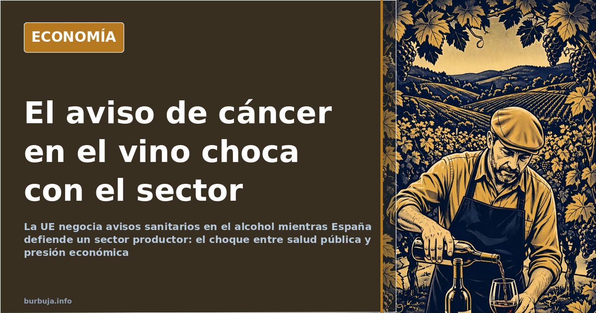 Botella de vino y copa sobre una mesa junto a un documento con advertencias sanitarias y flechas apuntando hacia Bruselas