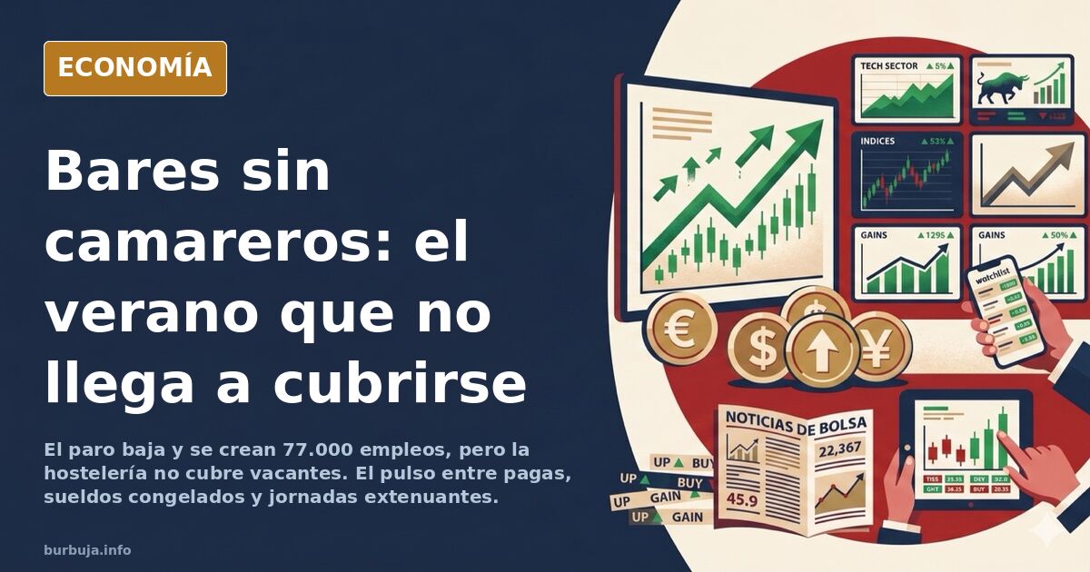 Interior de un bar español con mesas vacías y sillas apiladas, sin camareros, en plena temporada de verano