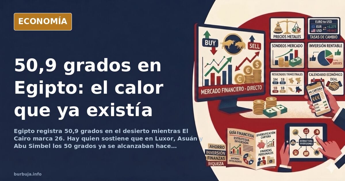 Termómetro marcando 50,9 grados sobre un paisaje desértico egipcio con el Nilo al fondo