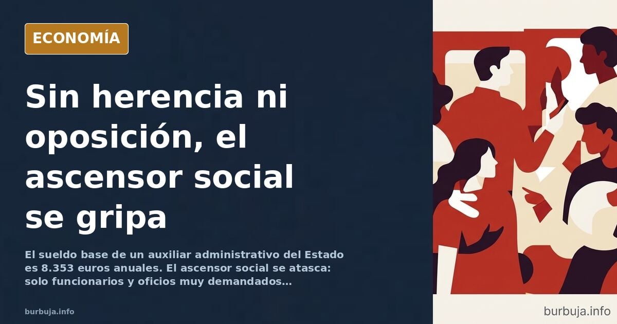 Ilustración editorial de un ascensor social atascado entre pisos, con figuras de traje y mono de trabajo esperando