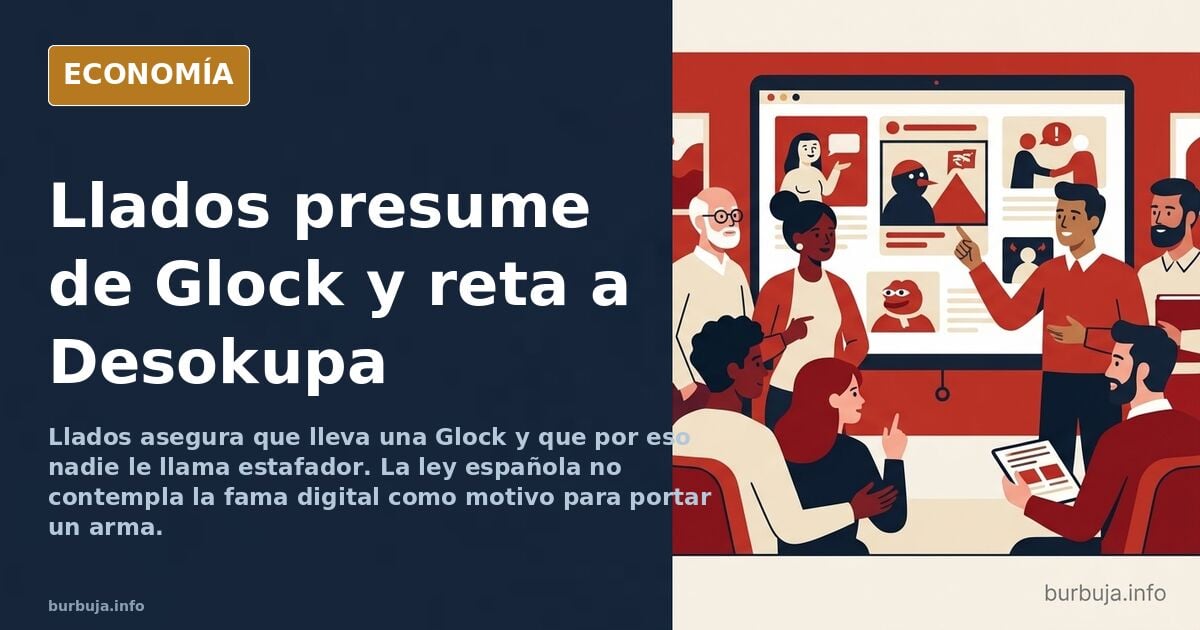 Ilustración editorial de una pistola Glock sobre fondo azul marino con detalles dorados y silueta de figura masculina
