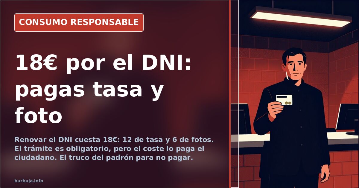 Fotografía de un DNI español sobre una mesa junto a varias fotos de carnet tamaño oficial para renovar el documento