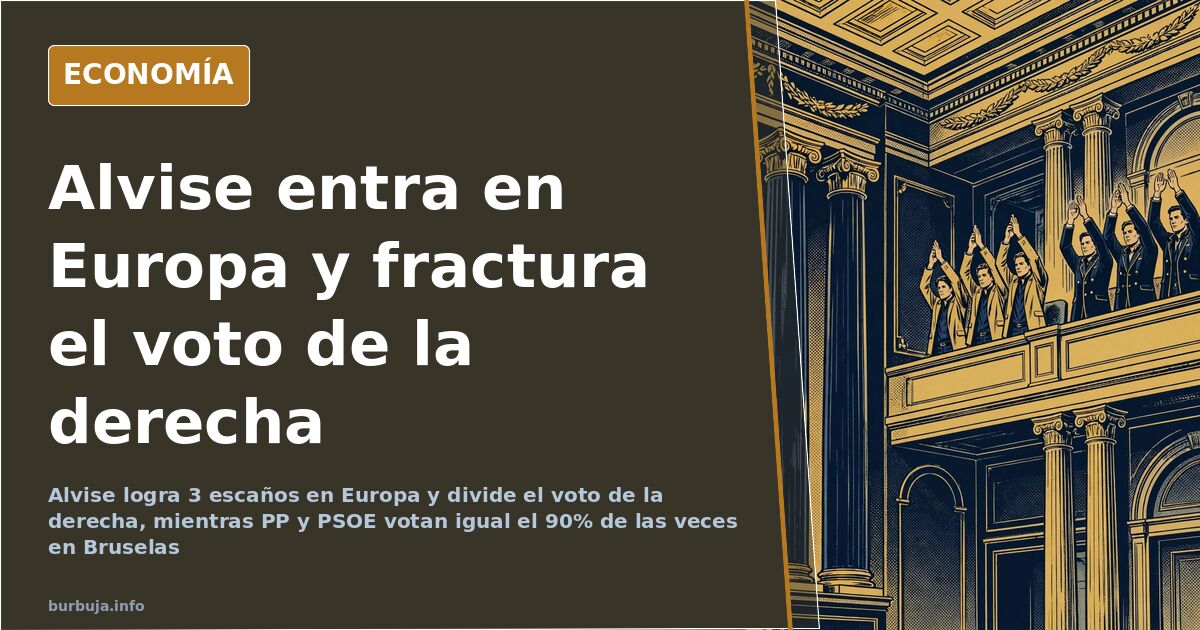 Ilustración editorial de un hemiciclo europeo con escaños repartidos y una urna señalando el voto dividido de la derecha