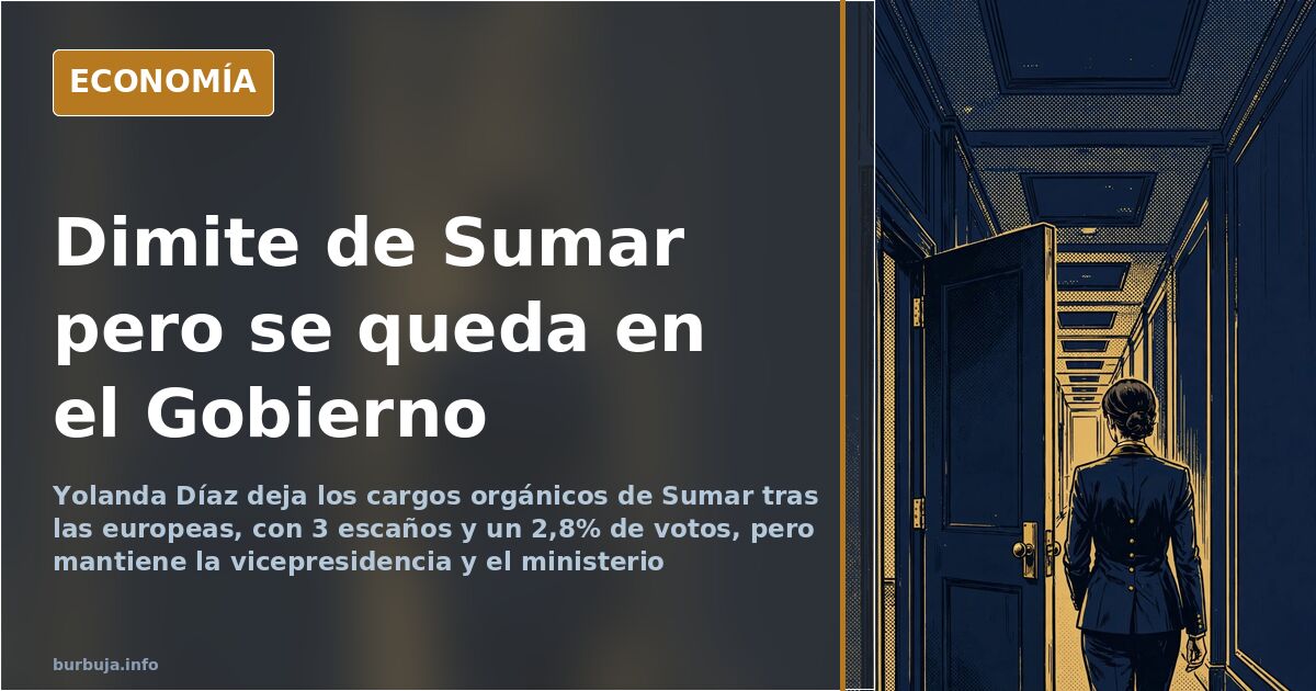 Ilustración editorial de la dimisión de Yolanda Díaz en Sumar con un pasillo oficial y una puerta entreabierta al fondo