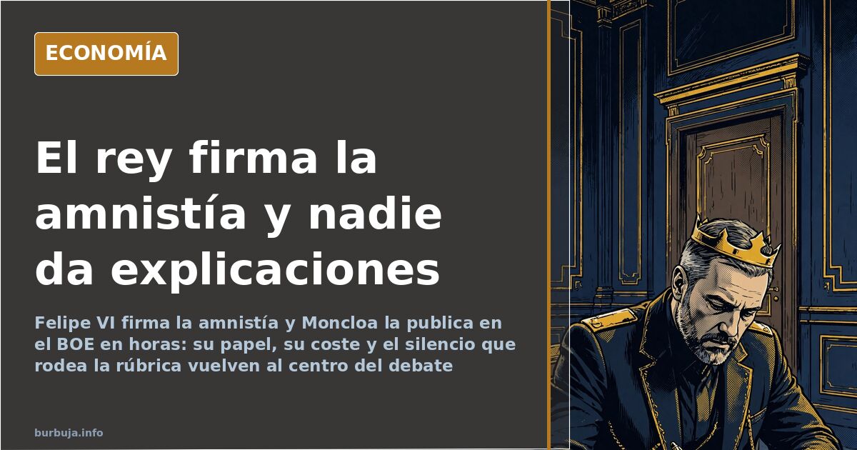 Ilustración editorial de un despacho oficial en tonos azul marino y dorado con el documento de la amnistía sobre la mesa del 