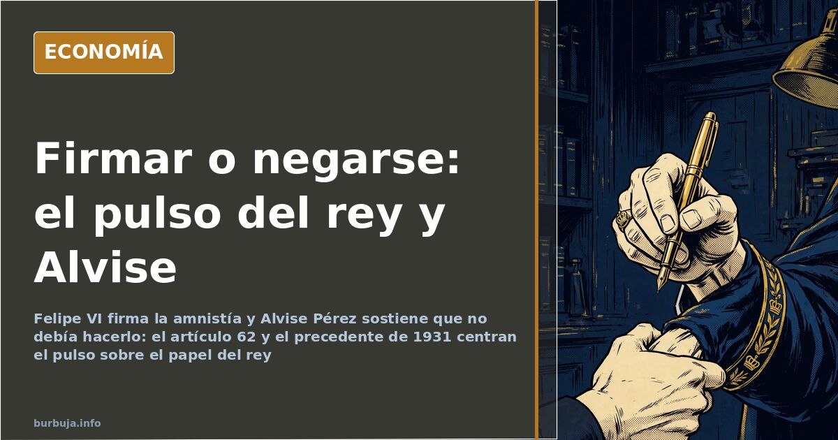 Ilustración editorial de una pluma estampando la firma de la ley de amnistía sobre un despacho institucional vacío