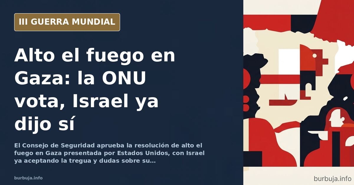 Sede del Consejo de Seguridad de la ONU con banderas de estados miembros y humo lejano sobre Gaza en la resolución de alto el