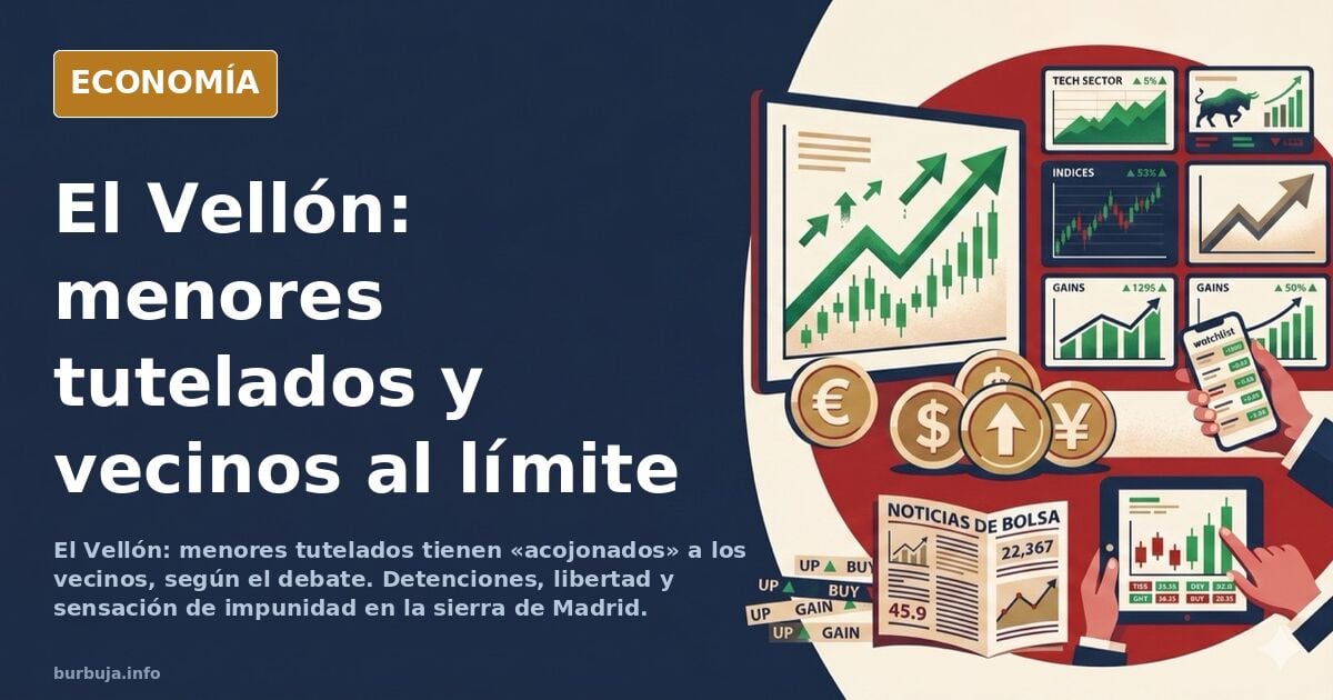 Ilustración editorial de un pueblo de la sierra con un centro de menores y vecinos observando con preocupación