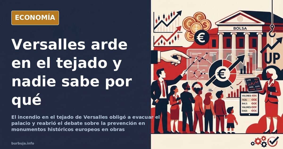 Ilustración editorial del Palacio de Versalles con humo en el tejado y andamios durante el incendio