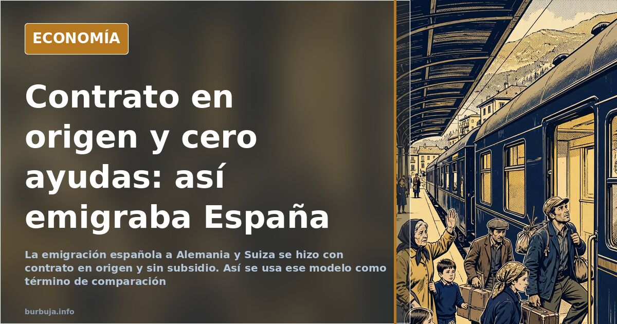 Ilustración editorial de una estación de tren europea con emigrantes españoles y maletas rumbo a Alemania
