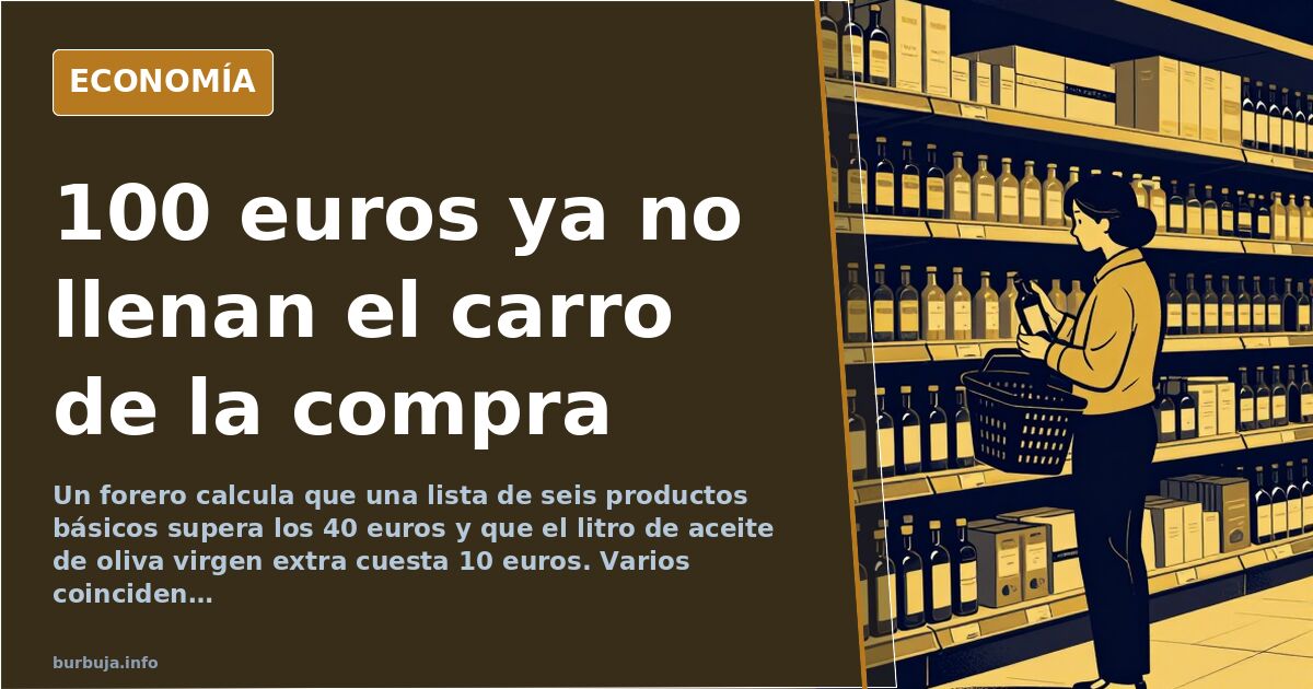 Ilustración editorial de un carro de la compra vacío junto a un billete de 100 euros y una cesta con pocos productos básicos