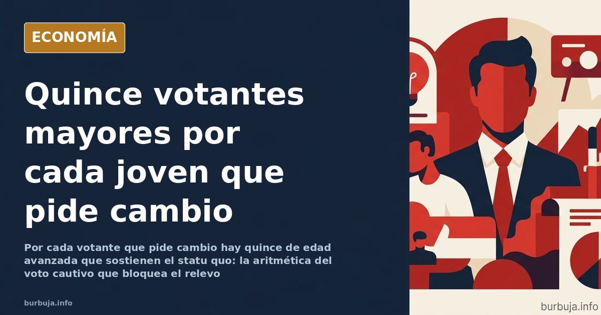 Ilustración editorial en azul marino y dorado de votantes de edad avanzada ante una urna, símbolo del voto cautivo y de la ma