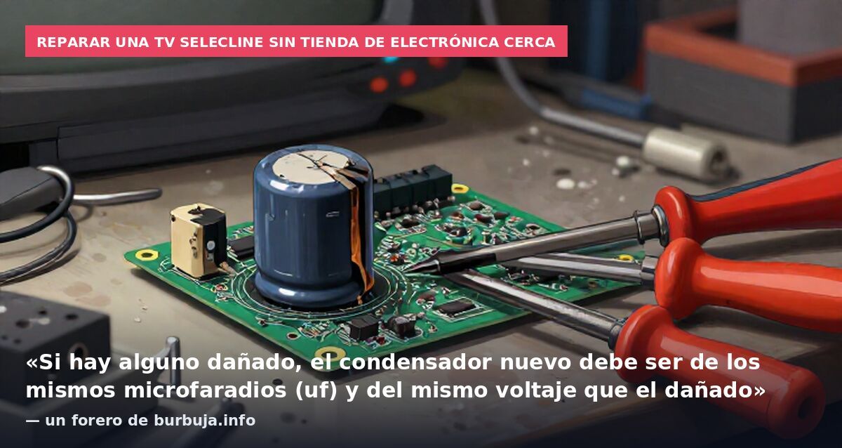 Reparar una TV Selecline sin tienda de electrónica cerca: «Si hay alguno dañado, el condensador nuevo debe ser de los mismos microfaradios (uf) y del mismo voltaje que el dañado» — un forero de burbuja.info