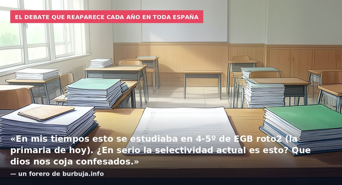 El debate que reaparece cada año en toda España: «En mis tiempos esto se estudiaba en 4-5º de EGB roto2 (la primaria de hoy). ¿En serio la selectividad actual es esto? Que dios nos coja confesados.» — un forero de burbuja.info