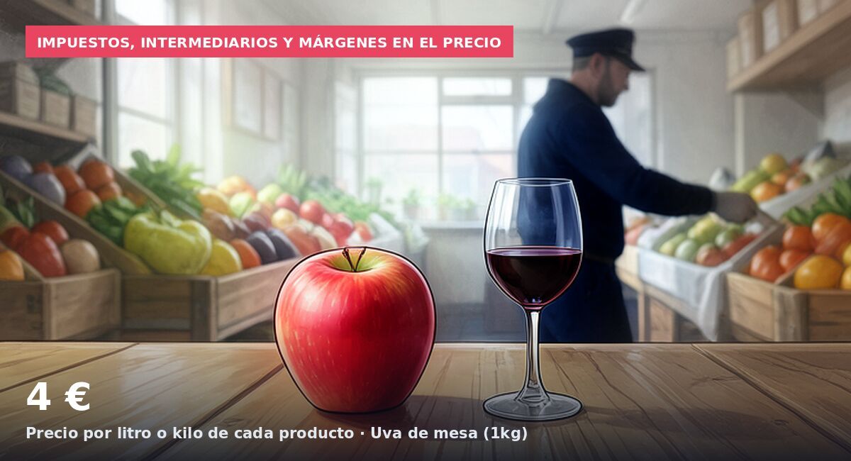 Impuestos, intermediarios y márgenes en el precio: 4 € Precio por litro o kilo de cada producto · Uva de mesa (1kg)