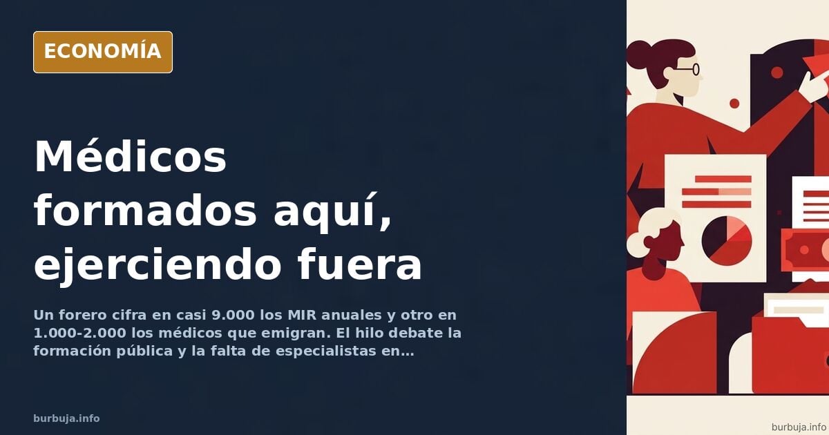 Ilustración editorial de un médico con titulo español y maletin camino al extranjero mientras hospitales españoles muestran c