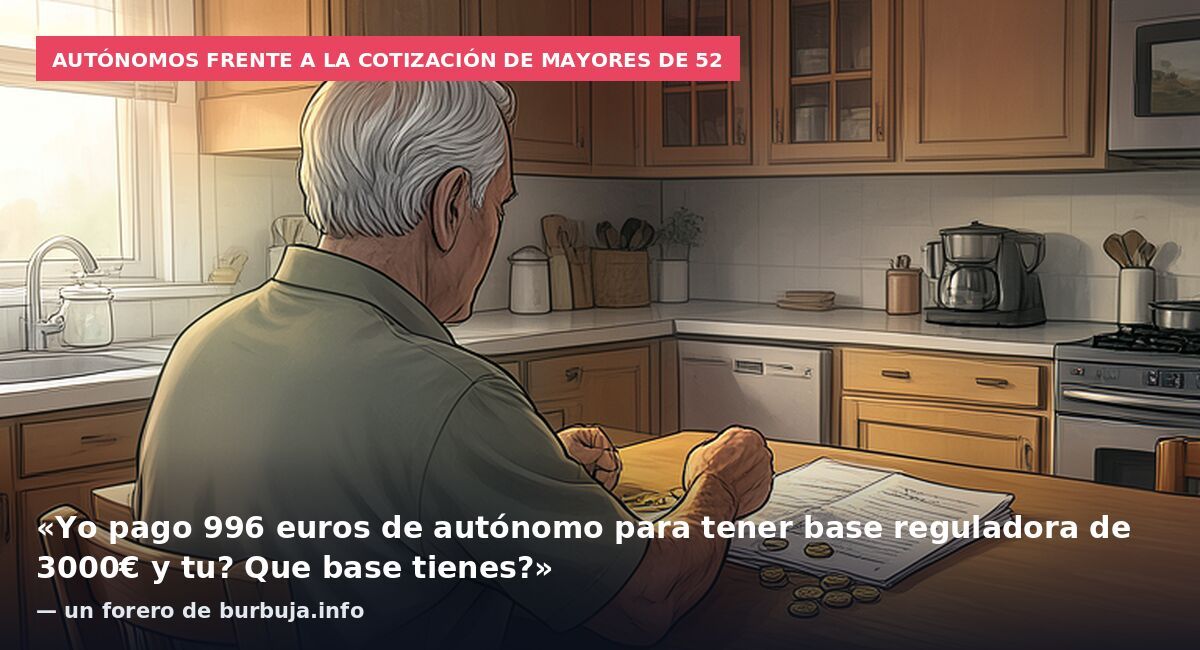 Autónomos frente a la cotización de mayores de 52: «Yo pago 996 euros de autónomo para tener base reguladora de 3000€ y tu? Que base tienes?» — un forero de burbuja.info