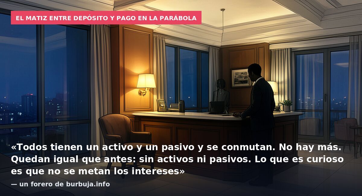 El matiz entre depósito y pago en la parábola: «Todos tienen un activo y un pasivo y se conmutan. No hay más. Quedan igual que antes: sin activos ni pasivos. Lo que es curioso es que no se metan los intereses» — un forero de burbuja.info