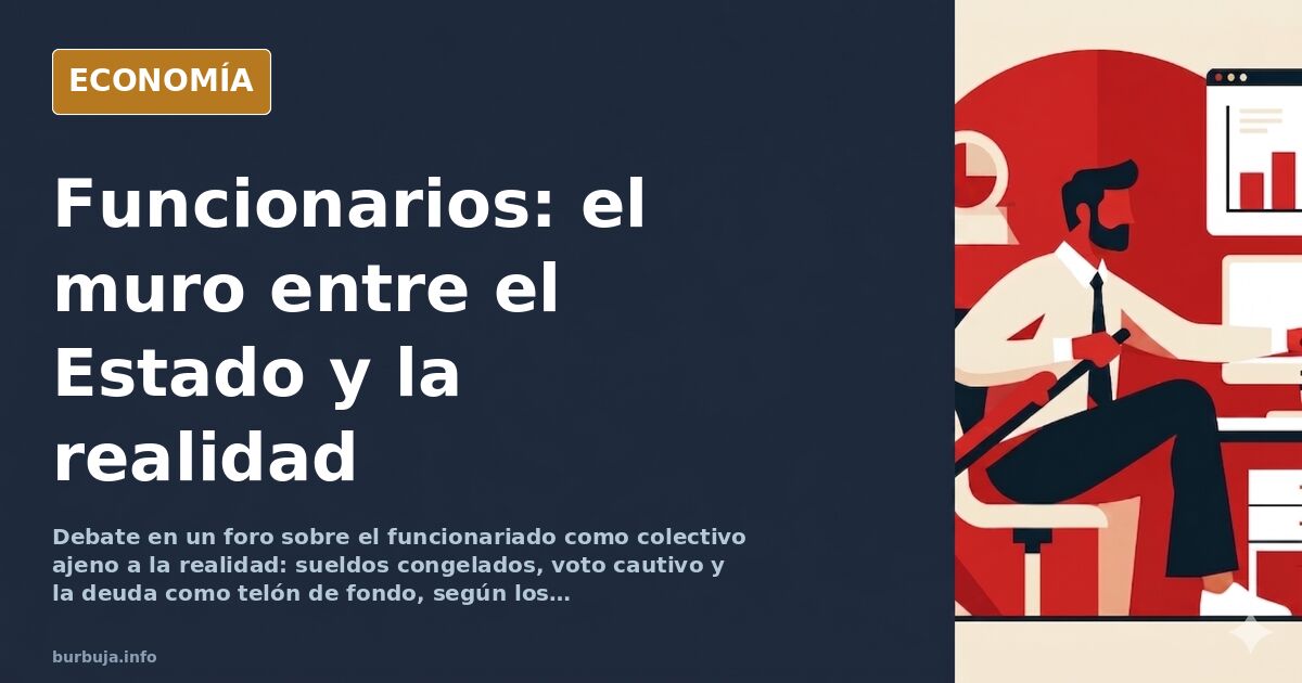 Ilustración editorial de una terraza urbana llena de funcionarios en horario laboral, simbolizando la brecha entre administra